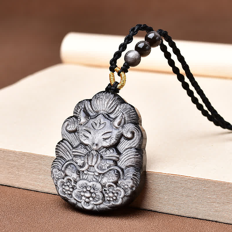 Buddha Stones Collana in ossidiana nera con ciondolo a forma di volpe a nove code, intagliato a mano per la protezione della protezione. - Ossidiana Nera (Purificazione♥Forza) - image 0