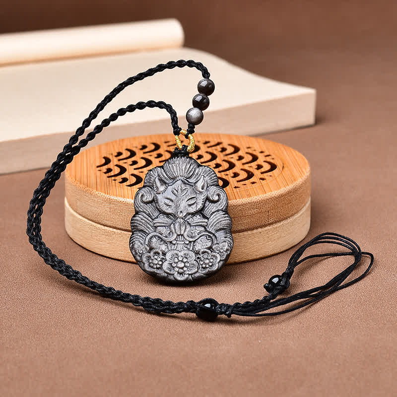 Buddha Stones Collana in ossidiana nera con ciondolo a forma di volpe a nove code, intagliato a mano per la protezione della protezione. - image 1