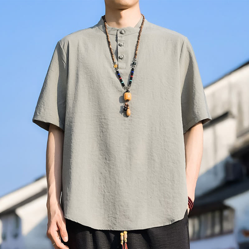 Buddha Stones Camicia da uomo estiva casual a maniche corte con colletto alla coreana e tre bottoni, tinta unita. - OldLace - US/UK/AU48, EU58 (5XL) - image 0
