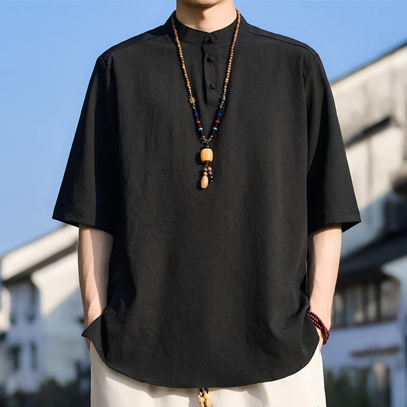 Buddha Stones Camicia da uomo estiva casual a maniche corte con colletto alla coreana e tre bottoni, tinta unita. - Nero - US/UK/AU48, EU58 (5XL) - image 6