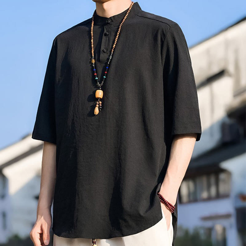 Buddha Stones Camicia da uomo estiva casual a maniche corte con colletto alla coreana e tre bottoni, tinta unita. - image 7