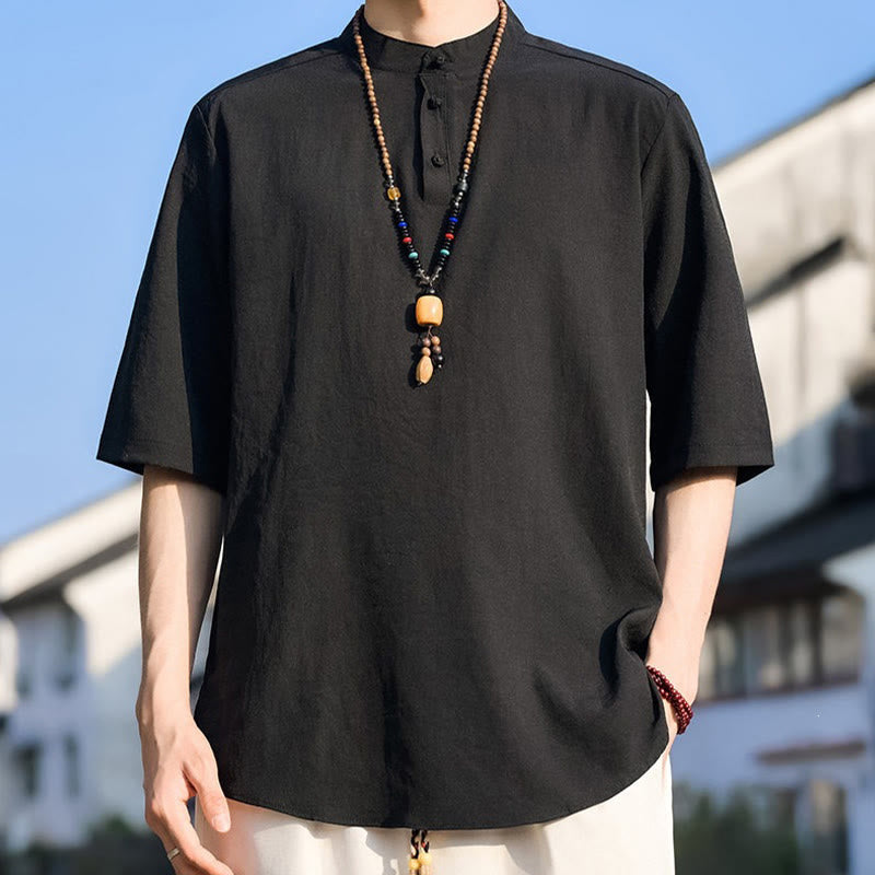 Buddha Stones Camicia da uomo estiva casual a maniche corte con colletto alla coreana e tre bottoni, tinta unita. - image 13