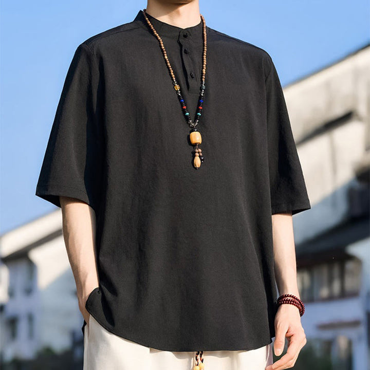 Buddha Stones Camicia da uomo estiva casual a maniche corte con colletto alla coreana e tre bottoni, tinta unita. - image 12
