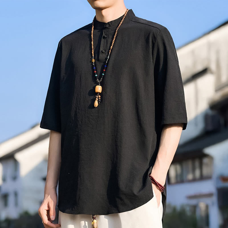 Buddha Stones Camicia da uomo estiva casual a maniche corte con colletto alla coreana e tre bottoni, tinta unita. - image 10