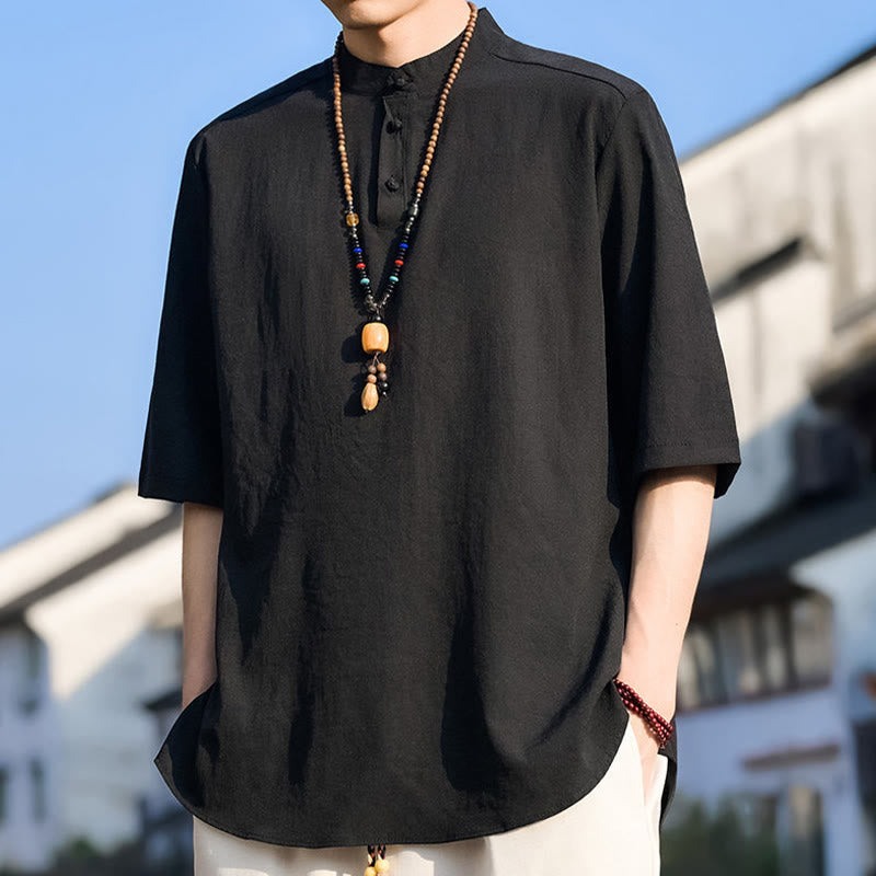 Buddha Stones Camicia da uomo estiva casual a maniche corte con colletto alla coreana e tre bottoni, tinta unita. - image 8