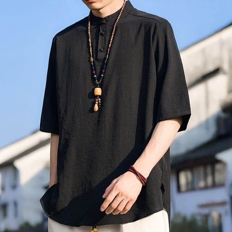Buddha Stones Camicia da uomo estiva casual a maniche corte con colletto alla coreana e tre bottoni, tinta unita. - image 11