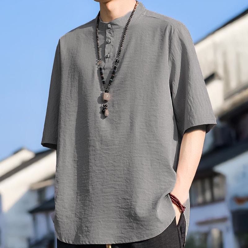 Buddha Stones Camicia da uomo estiva casual a maniche corte con colletto alla coreana e tre bottoni, tinta unita. - image 16