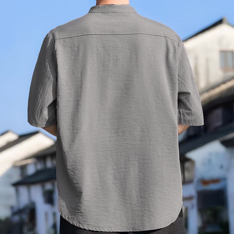 Buddha Stones Camicia da uomo estiva casual a maniche corte con colletto alla coreana e tre bottoni, tinta unita. - image 18
