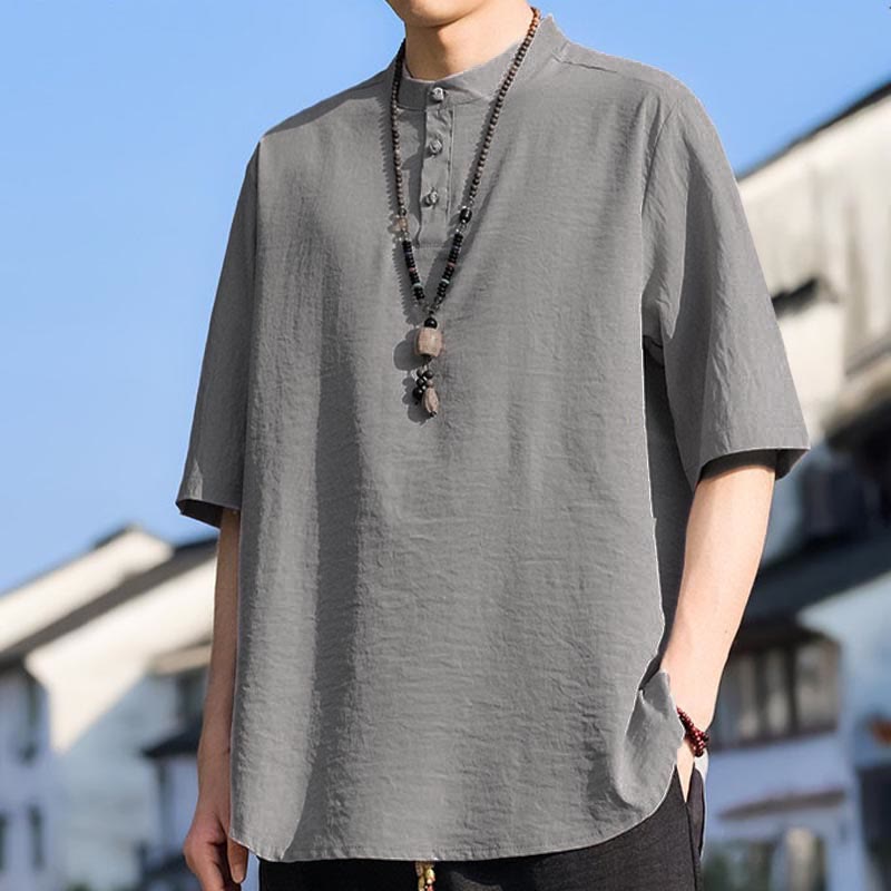 Buddha Stones Camicia da uomo estiva casual a maniche corte con colletto alla coreana e tre bottoni, tinta unita. - image 17