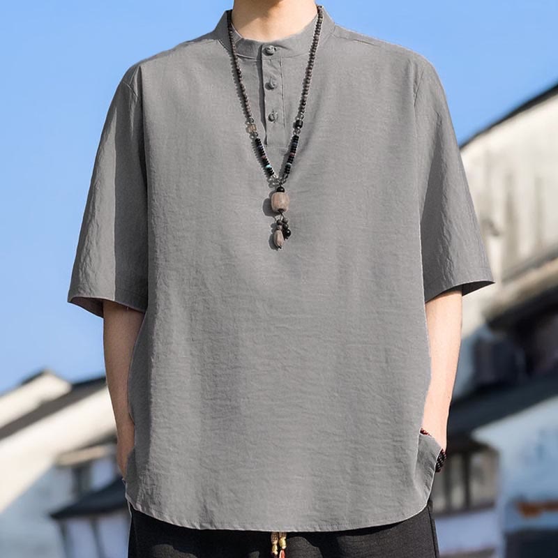 Buddha Stones Camicia da uomo estiva casual a maniche corte con colletto alla coreana e tre bottoni, tinta unita. - image 19