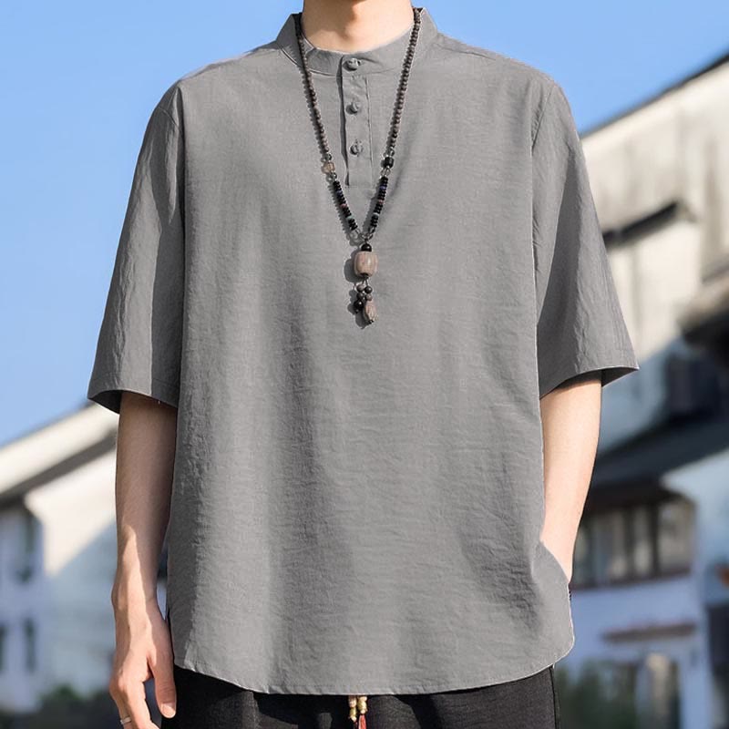 Buddha Stones Camicia da uomo estiva casual a maniche corte con colletto alla coreana e tre bottoni, tinta unita. - Grigio chiaro - US/UK/AU48, EU58 (5XL) - image 14