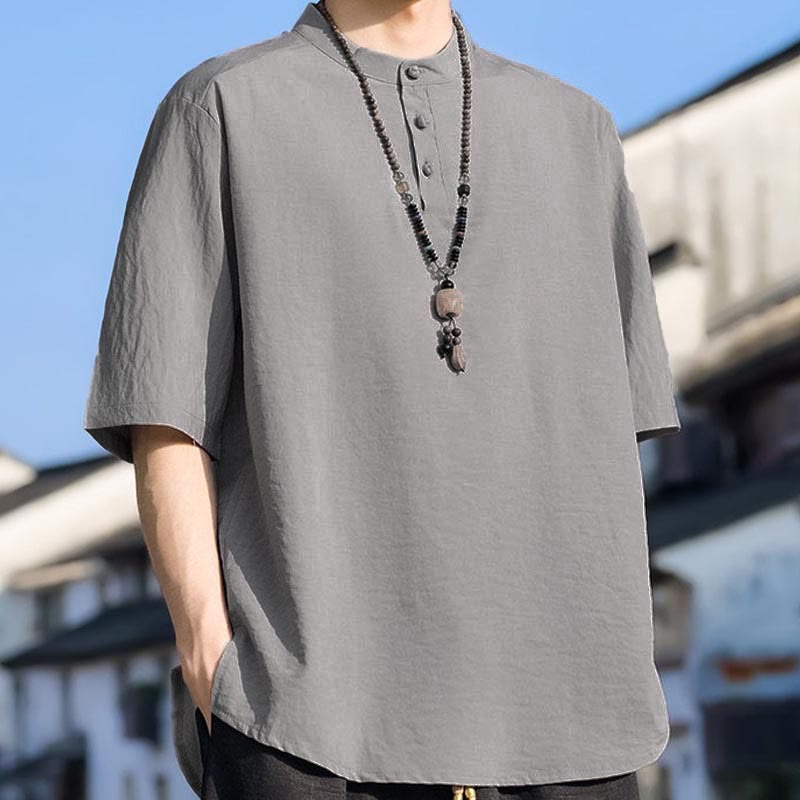 Buddha Stones Camicia da uomo estiva casual a maniche corte con colletto alla coreana e tre bottoni, tinta unita. - image 15