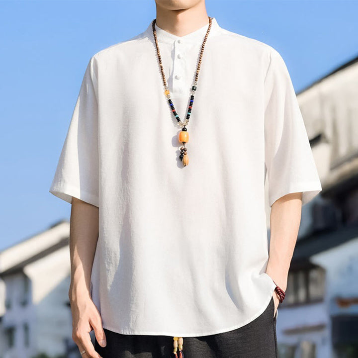 Buddha Stones Camicia da uomo estiva casual a maniche corte con colletto alla coreana e tre bottoni, tinta unita. - Bianco - US/UK/AU48, EU58 (5XL) - image 22