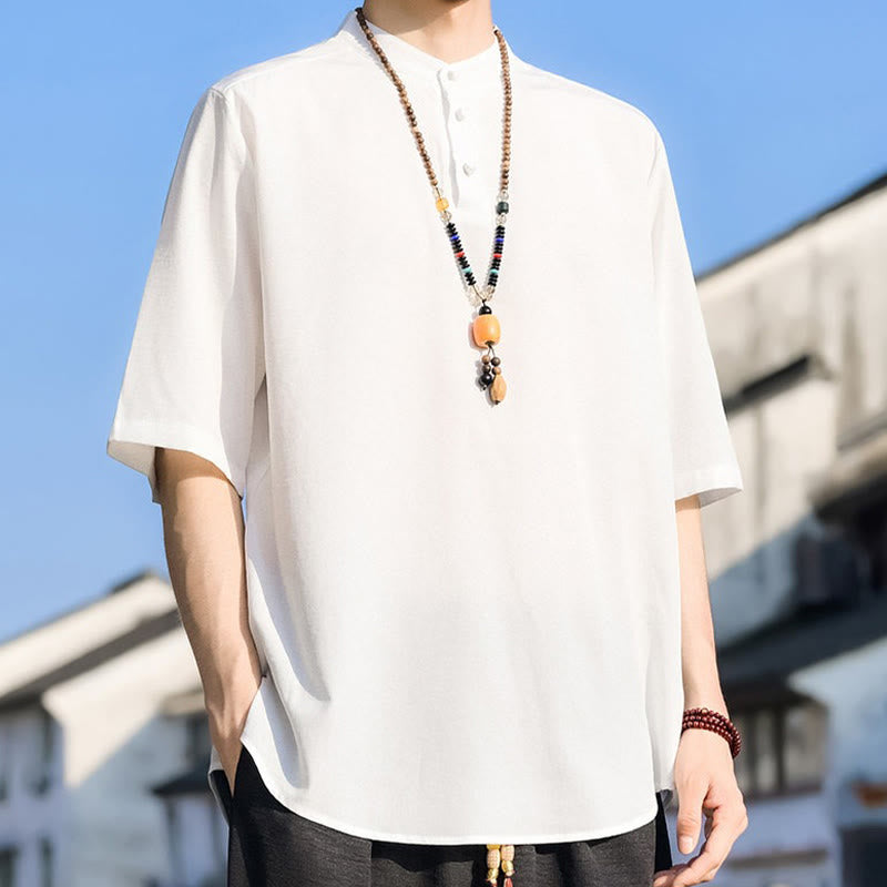 Buddha Stones Camicia da uomo estiva casual a maniche corte con colletto alla coreana e tre bottoni, tinta unita. - image 23
