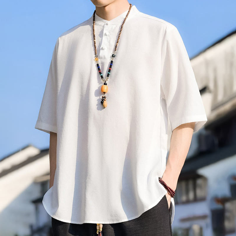 Buddha Stones Camicia da uomo estiva casual a maniche corte con colletto alla coreana e tre bottoni, tinta unita. - image 24