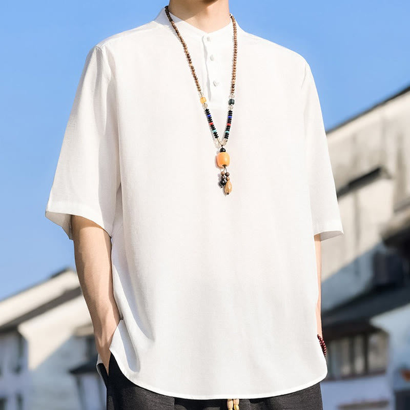 Buddha Stones Camicia da uomo estiva casual a maniche corte con colletto alla coreana e tre bottoni, tinta unita. - image 25