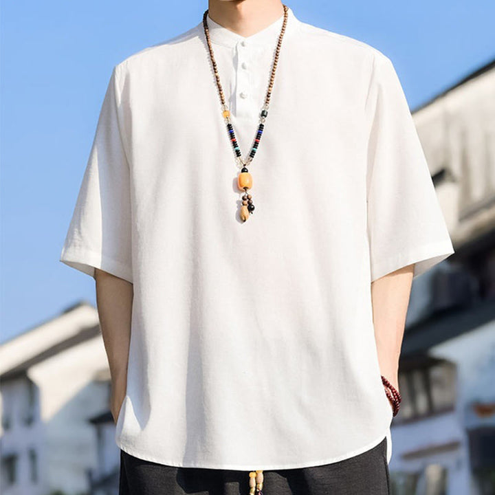 Buddha Stones Camicia da uomo estiva casual a maniche corte con colletto alla coreana e tre bottoni, tinta unita. - image 27