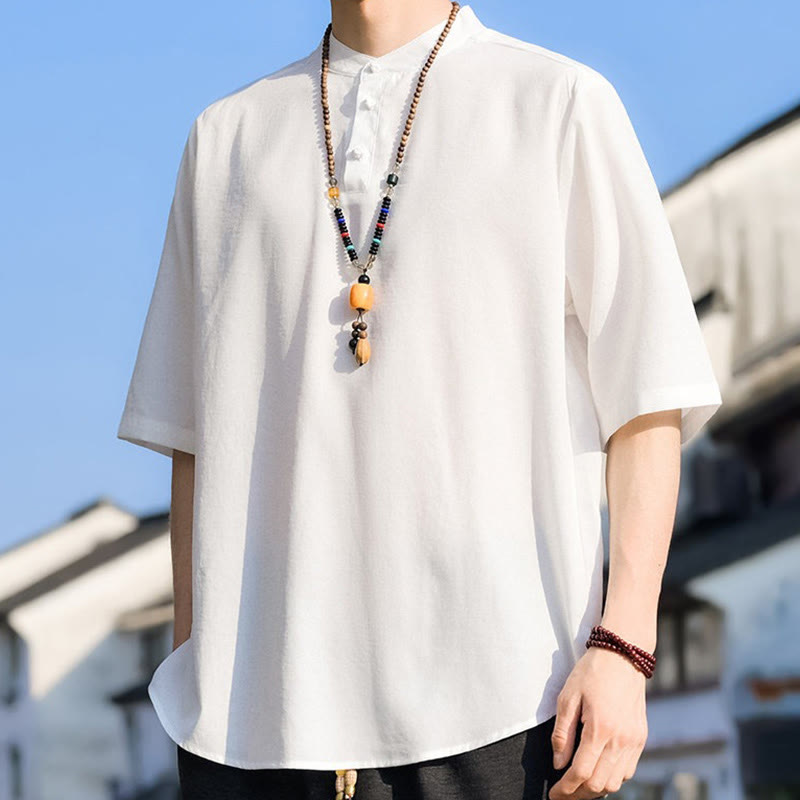 Buddha Stones Camicia da uomo estiva casual a maniche corte con colletto alla coreana e tre bottoni, tinta unita. - image 28