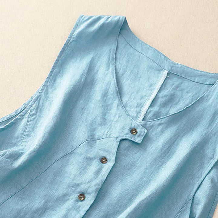 Buddha Stones Camicia senza maniche da donna estiva, casual, minimalista, con bottoni e tasca, tinta unita. - image 12
