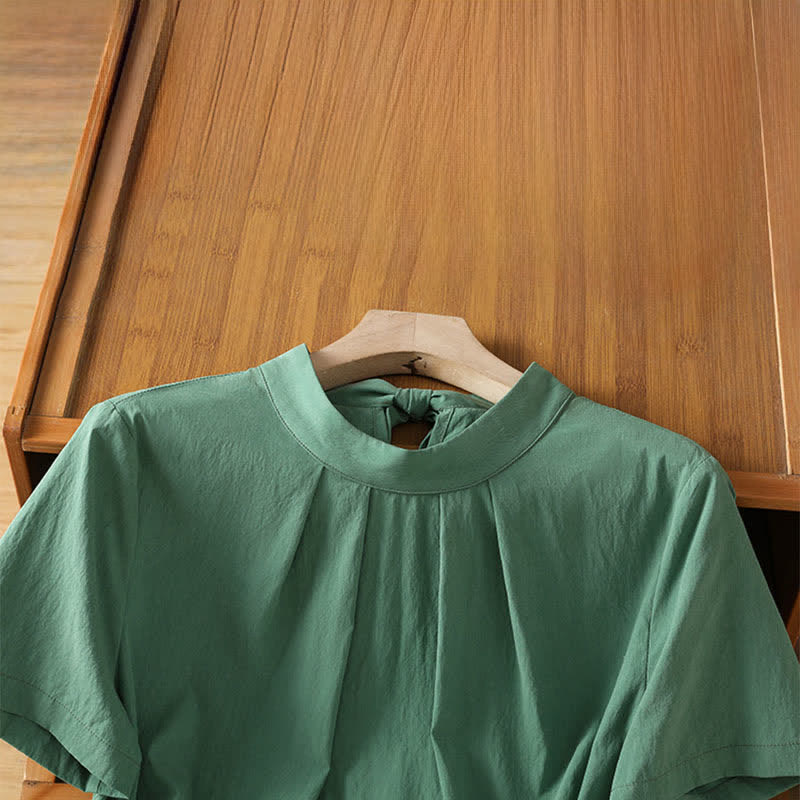 Buddha Stones Camicia estiva da donna a maniche corte con scollo rotondo, pieghe sul davanti, allacciatura laterale e spacco laterale. - image 10