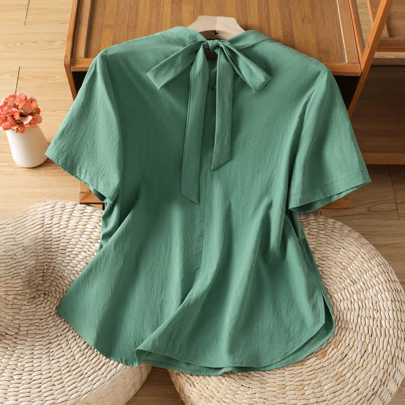 Buddha Stones Camicia estiva da donna a maniche corte con scollo rotondo, pieghe sul davanti, allacciatura laterale e spacco laterale. - image 9