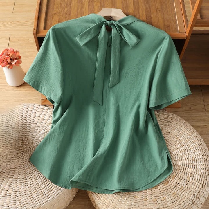 Buddha Stones Camicia estiva da donna a maniche corte con scollo rotondo, pieghe sul davanti, allacciatura laterale e spacco laterale. - image 9