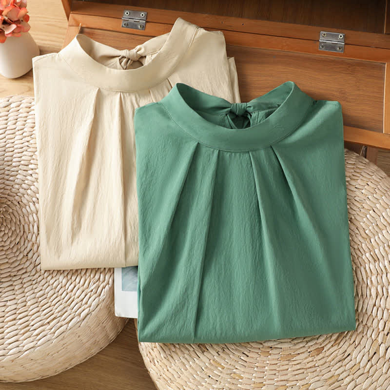Buddha Stones Camicia estiva da donna a maniche corte con scollo rotondo, pieghe sul davanti, allacciatura laterale e spacco laterale. - image 16
