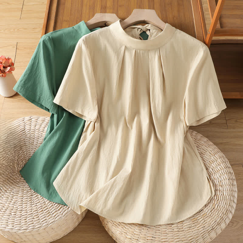 Buddha Stones Camicia estiva da donna a maniche corte con scollo rotondo, pieghe sul davanti, allacciatura laterale e spacco laterale. - image 15