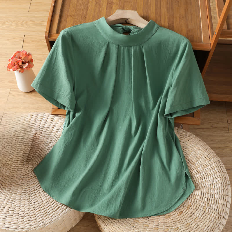 Buddha Stones Camicia estiva da donna a maniche corte con scollo rotondo, pieghe sul davanti, allacciatura laterale e spacco laterale. - Verde mare medio - US12, UK/AU16, EU44 (2XL) - image 8