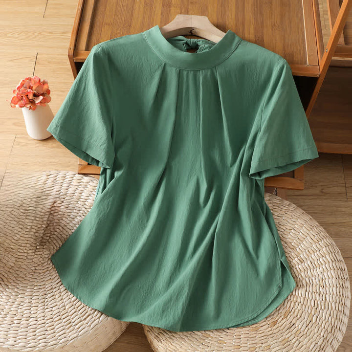 Buddha Stones Camicia estiva da donna a maniche corte con scollo rotondo, pieghe sul davanti, allacciatura laterale e spacco laterale. - Verde mare medio - US12, UK/AU16, EU44 (2XL) - image 8