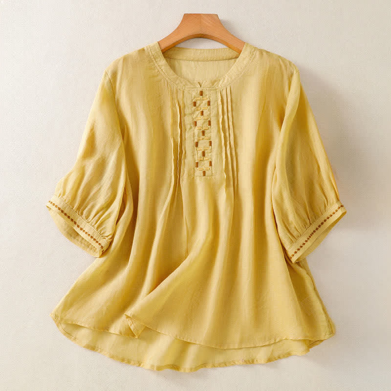 Buddha Stones T-shirt da donna a maniche corte, tinta unita, con ricami e pieghe sul davanti, ideale per l'estate. - Verga d'oro - US12, UK/AU16, EU44 (2XL) - image 0