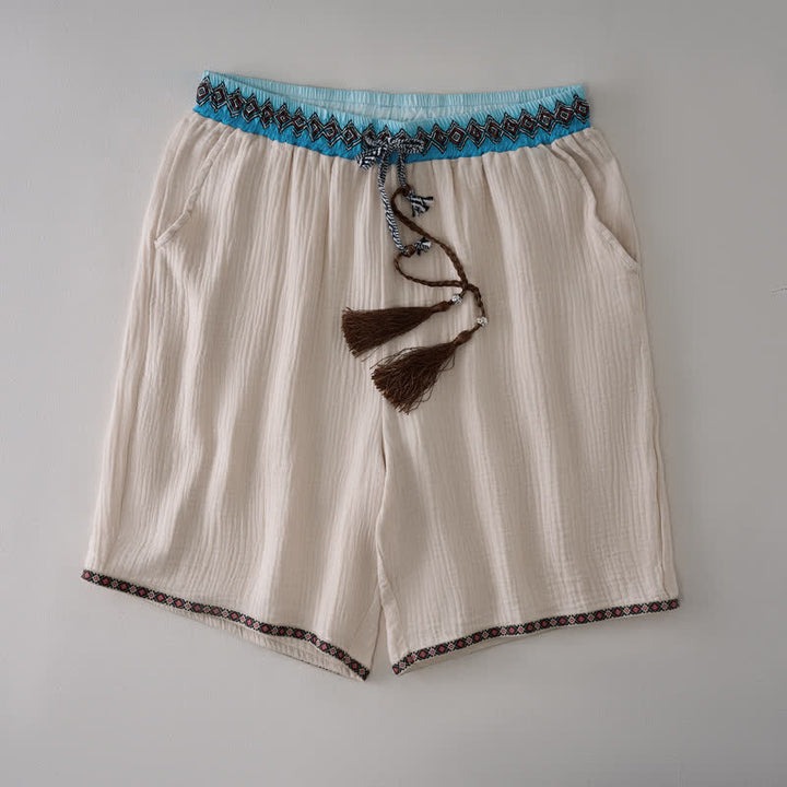 Buddha Stones Pantaloncini Bermuda da uomo estivi, stile boho casual, con coulisse e motivo geometrico, gamba dritta e tasche. - Beige - US/UK/AU44, EU54 (3XL) - image 0