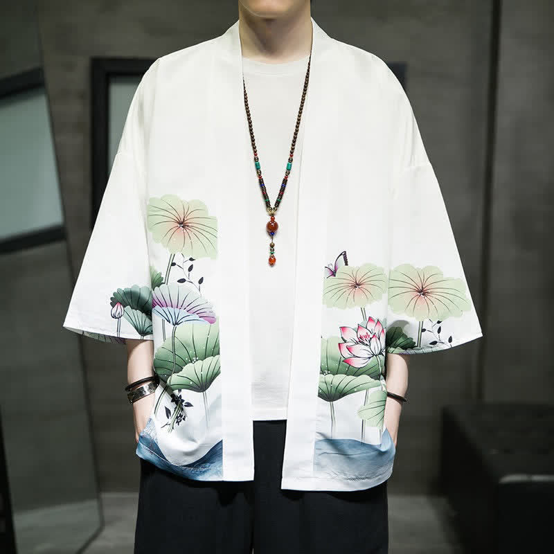 Buddha Stones Kimono da uomo estivo casual con stampa di foglie di loto, farfalle e gru, aperto sul davanti. - image 4