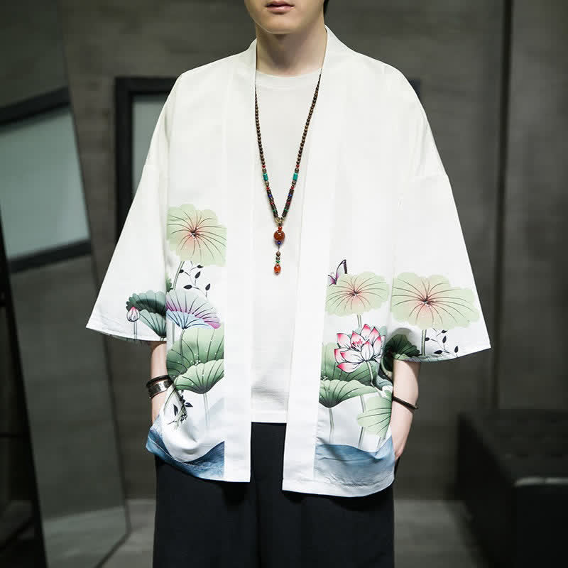 Buddha Stones Kimono da uomo estivo casual con stampa di foglie di loto, farfalle e gru, aperto sul davanti. - Bianco - US/UK/AU48, EU58 (5XL) - image 0