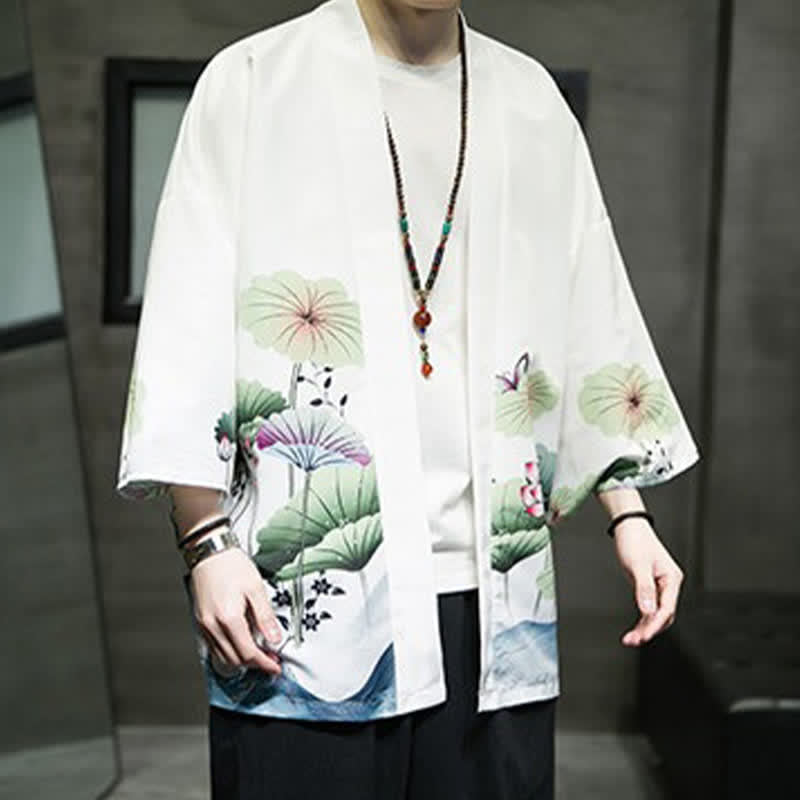 Buddha Stones Kimono da uomo estivo casual con stampa di foglie di loto, farfalle e gru, aperto sul davanti. - image 2