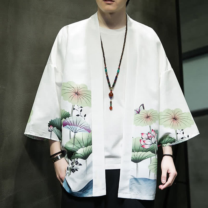 Buddha Stones Kimono da uomo estivo casual con stampa di foglie di loto, farfalle e gru, aperto sul davanti. - image 11