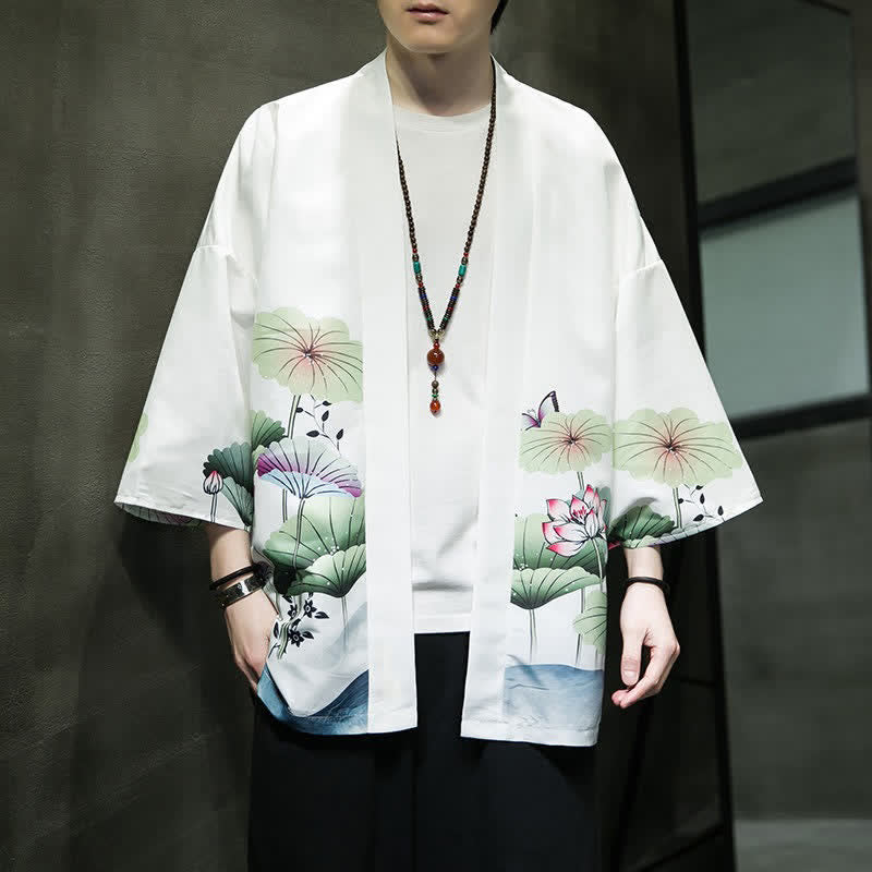 Buddha Stones Kimono da uomo estivo casual con stampa di foglie di loto, farfalle e gru, aperto sul davanti. - image 7