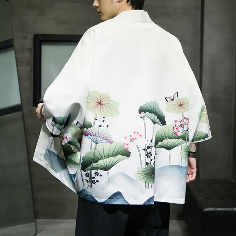 Buddha Stones Kimono da uomo estivo casual con stampa di foglie di loto, farfalle e gru, aperto sul davanti. - image 3