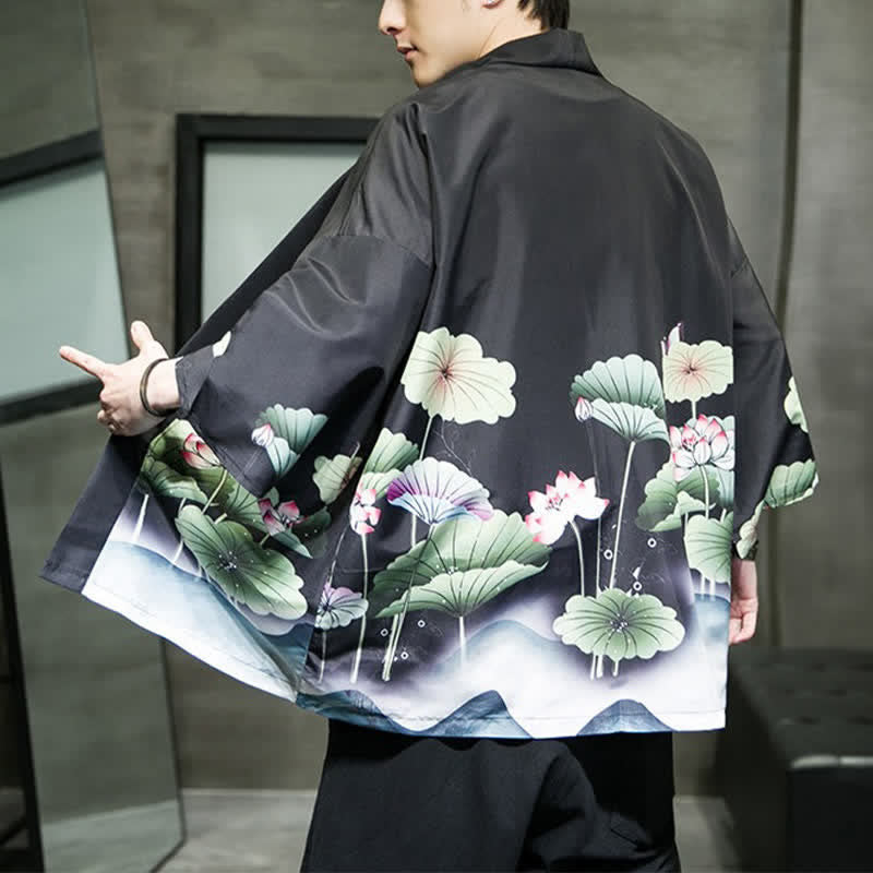Buddha Stones Kimono da uomo estivo casual con stampa di foglie di loto, farfalle e gru, aperto sul davanti. - image 16