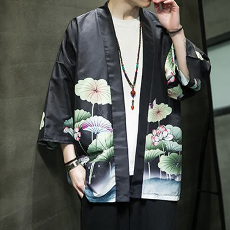 Buddha Stones Kimono da uomo estivo casual con stampa di foglie di loto, farfalle e gru, aperto sul davanti. - image 13