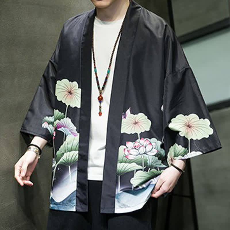 Buddha Stones Kimono da uomo estivo casual con stampa di foglie di loto, farfalle e gru, aperto sul davanti. - image 18