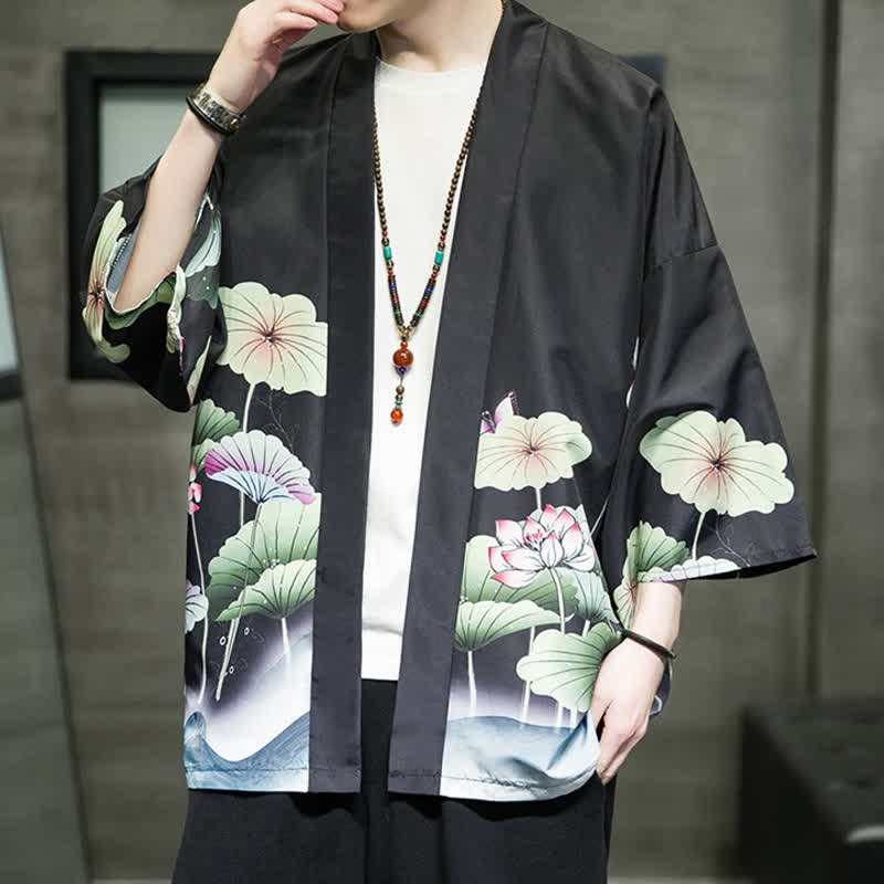 Buddha Stones Kimono da uomo estivo casual con stampa di foglie di loto, farfalle e gru, aperto sul davanti. - image 17