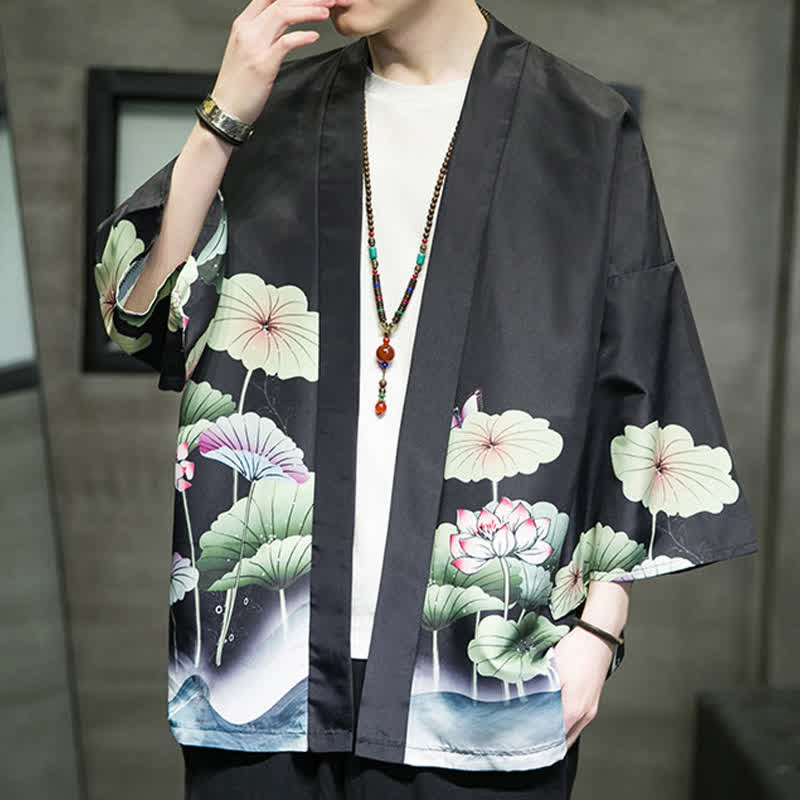 Buddha Stones Kimono da uomo estivo casual con stampa di foglie di loto, farfalle e gru, aperto sul davanti. - image 14