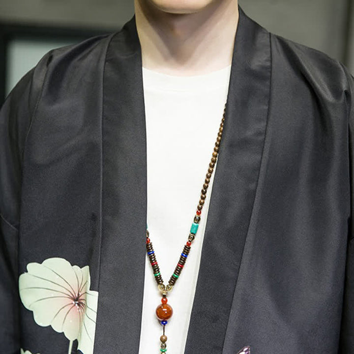 Buddha Stones Kimono da uomo estivo casual con stampa di foglie di loto, farfalle e gru, aperto sul davanti. - image 21