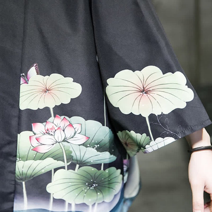 Buddha Stones Kimono da uomo estivo casual con stampa di foglie di loto, farfalle e gru, aperto sul davanti. - image 23