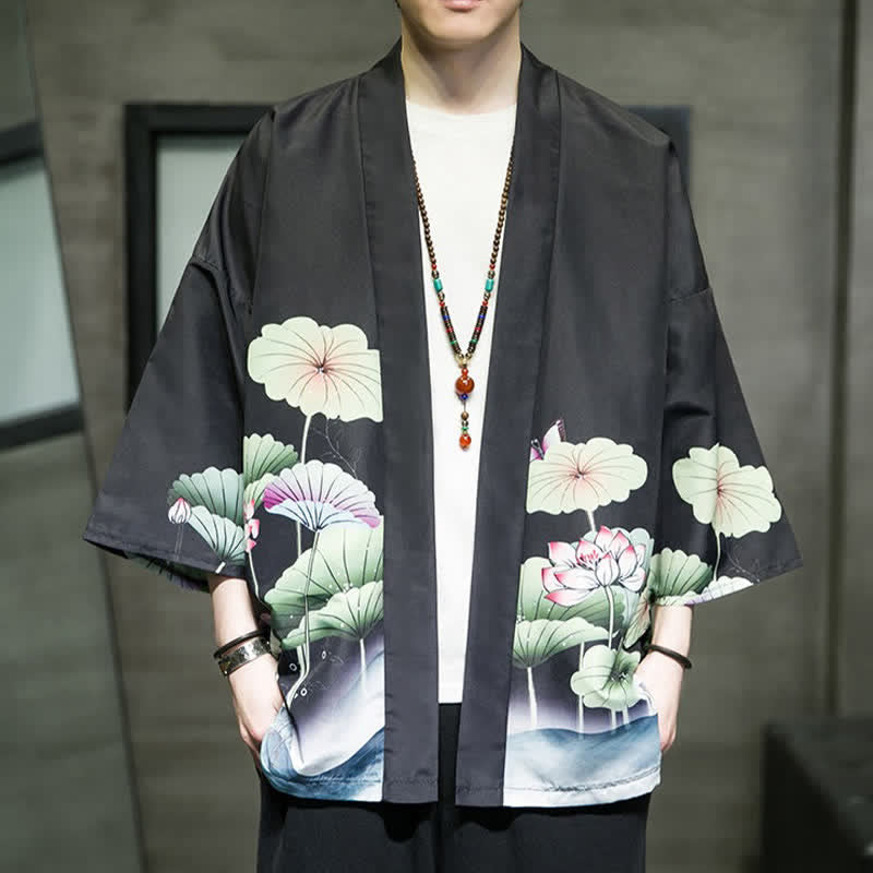 Buddha Stones Kimono da uomo estivo casual con stampa di foglie di loto, farfalle e gru, aperto sul davanti. - Nero - US/UK/AU48, EU58 (5XL) - image 12