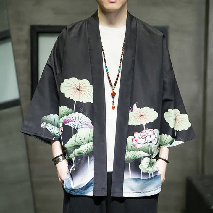 Buddha Stones Kimono da uomo estivo casual con stampa di foglie di loto, farfalle e gru, aperto sul davanti. - Nero - US/UK/AU48, EU58 (5XL) - image 12