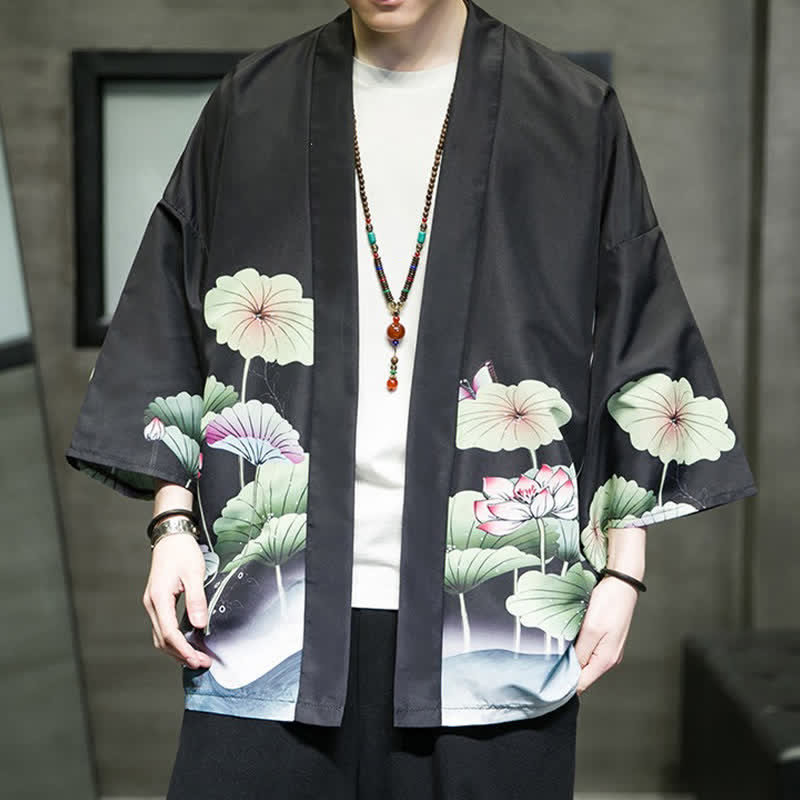 Buddha Stones Kimono da uomo estivo casual con stampa di foglie di loto, farfalle e gru, aperto sul davanti. - image 15