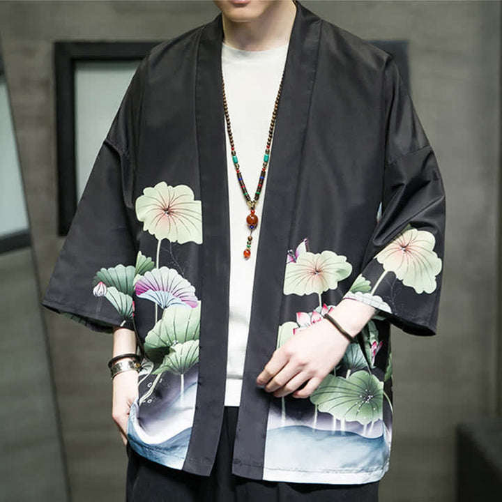 Buddha Stones Kimono da uomo estivo casual con stampa di foglie di loto, farfalle e gru, aperto sul davanti. - image 19