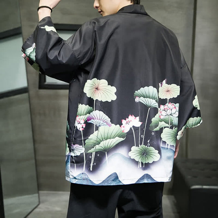 Buddha Stones Kimono da uomo estivo casual con stampa di foglie di loto, farfalle e gru, aperto sul davanti. - image 20